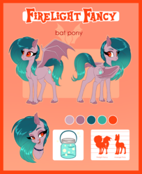 Size: 2481x3047 | Tagged: safe, artist:silkensaddle, oc, oc only, oc:firelight fancy, bat pony, pony, bat pony oc, chest fluff, cutie mark, dock, female, high res, hooves, licking, licking lips, mare, reference sheet, size chart, size comparison, solo, tongue out