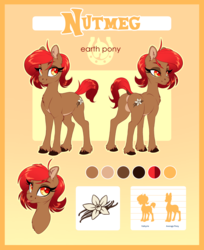 Size: 2481x3047 | Tagged: safe, artist:silkensaddle, oc, oc only, oc:nutmeg, earth pony, pony, cutie mark, dock, female, high res, hooves, mare, reference sheet, size chart, size comparison, solo, tongue out