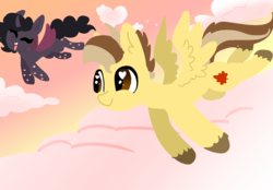 Size: 1980x1380 | Tagged: safe, artist:nootaz, oc, oc:dazzling flash, oc:maple syrup, changeling, pegasus, pony, changeling oc, cloud, couple, cute, cutie mark, duo, eyes closed, female, flying, heart, heart eyes, holiday, lineless, male, mapling, nootaz is trying to murder us, purple changeling, shipping, smiling, straight, two toned hair, unshorn fetlocks, valentine's day, wingding eyes, ych result