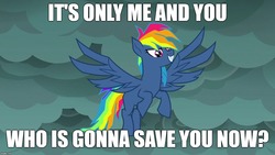 Size: 1280x720 | Tagged: safe, edit, edited screencap, screencap, rainbow dash, pegasus, pony, g4, secrets and pies, caption, crossover, evil pie hater dash, female, hooves, image macro, infinite (character), male, mare, meme, overcast, raised hoof, raised leg, solo, song reference, sonic forces, sonic the hedgehog, sonic the hedgehog (series), text