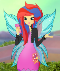 Size: 1889x2234 | Tagged: safe, artist:sparkling-sunset-s08, oc, oc:afterglow sentry, fairy, human, equestria girls, g4, afterglow, clothes, crossover, dress, fairy wings, fairyized, humanized, jacket, magic winx, phone, rainbow s.r.l, solo, sparkly wings, winged humanization, wings, winx club, winxified