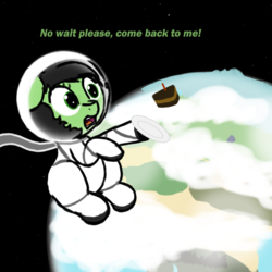 Size: 2000x2000 | Tagged: safe, artist:redcrow32, oc, oc only, oc:filly anon, earth pony, pony, astronaut, cake, dialogue, earth, exclamation point, feels, female, filly, food, helmet, high res, planet, plate, sad, space, spacesuit, stars, text, weightlessness, zero gravity