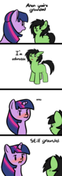 Size: 625x1763 | Tagged: safe, artist:cutelewds, twilight sparkle, oc, oc:filly anon, earth pony, pony, g4, ..., 4koma, adorable face, adoranon, blushing, comic, cute, fail, female, filly, floppy horn, foal, grounded, horn, simple background, smiling, transparent background