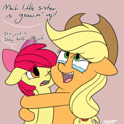 Size: 1000x1000 | Tagged: safe, artist:espeonna, apple bloom, applejack, earth pony, pony, g4, crying, cute, dialogue, female, filly, floppy ears, hug, mare, newbie artist training grounds, one eye closed, open mouth, sibling love, siblings, sisterly love, sisters, tooth gap