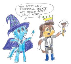 Size: 1640x1462 | Tagged: safe, artist:dth1971, trixie, pony, g4, cape, clothes, crayon drawing, crossover, crown, hat, jewelry, magic wand, regalia, sally acorn, scepter, sonic the hedgehog (series), traditional art, trixie's cape, trixie's hat