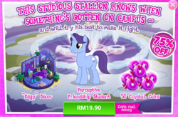 Size: 1029x676 | Tagged: safe, gameloft, november rain, pony, unicorn, g4, advertisement, costs real money, cutie mark, friendship student, introduction card, male, sale, smiling, stallion