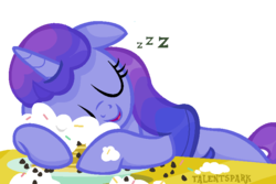 Size: 757x505 | Tagged: safe, artist:talentspark, oc, oc only, oc:amethyst dreams, pony, unicorn, base used, female, food, mare, pancakes, simple background, sleeping, solo, transparent background