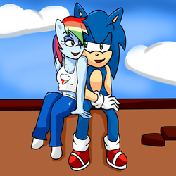Size: 2000x2000 | Tagged: safe, artist:soul-yagami64, rainbow dash, anthro, g4, clothes, crossover, crossover shipping, female, high res, interspecies, male, shipping, sonic the hedgehog, sonic the hedgehog (series), sonicdash, straight