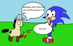 Size: 1100x700 | Tagged: safe, artist:mudlove2, oc, oc:mudlove, 1000 hours in ms paint, crossover, dialogue, male, ray gun, sonic the hedgehog, sonic the hedgehog (series), speech bubble