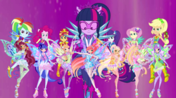 Size: 1280x719 | Tagged: safe, artist:ani80, applejack, fluttershy, pinkie pie, rainbow dash, rarity, sci-twi, sunset shimmer, twilight sparkle, fairy, human, equestria girls, g4, my little pony equestria girls: legend of everfree, aisha, bloom (winx club), boots, bracelet, clothes, crossover, crystal guardian, crystal wings, fairies, fairies are magic, fairy wings, flora (winx club), geode of empathy, geode of fauna, geode of shielding, geode of sugar bombs, geode of super speed, geode of super strength, geode of telekinesis, gloves, high heel boots, high heels, humanized, jewelry, layla, magical geodes, musa, necklace, ponied up, rainbow s.r.l, roxy (winx club), shoes, stella (winx club), super ponied up, tecna, transformation, tynix, winged humanization, wings, winx, winx club