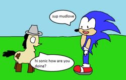 Size: 1100x700 | Tagged: safe, artist:mudlove2, oc, oc:mudlove, 1000 hours in ms paint, crossover, dialogue, male, sonic the hedgehog, sonic the hedgehog (series), speech bubble