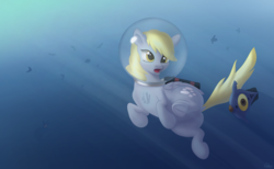 Size: 3311x2038 | Tagged: dead source, safe, artist:coldmix, derpy hooves, fish, peeper (subnautica), pegasus, pony, g4, air tank, crepuscular rays, crossover, diving, dock, female, frog (hoof), helmet, high res, oxygen tank, reaper leviathan, scuba gear, solo, subnautica, swimming, underhoof, underwater, video game crossover, water, when you see it