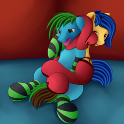 Size: 3250x3250 | Tagged: safe, artist:einboph, oc, oc only, pony, chokehold, clothes, domination, female, femdom, headlock, high res, sleeper hold, socks, sports, stockings, striped socks, thigh highs, wrestling, ych result