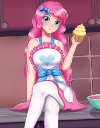Size: 1036x1327 | Tagged: safe, artist:focusb, pinkie pie, human, equestria girls, g4, my little pony equestria girls: better together, the craft of cookies, apron, clothes, crossed legs, cupcake, cute, diapinkes, female, food, humanized, legs, looking at you, pantyhose, sitting, skirt, smiling