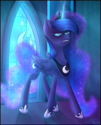 Size: 2080x2563 | Tagged: safe, artist:trappefnff, princess luna, pony, g4, ethereal mane, fangs, female, glowing horn, high res, horn, looking at you, moonlight, nightmare luna, signature, slit pupils, smiling, smirk, solo, stained glass