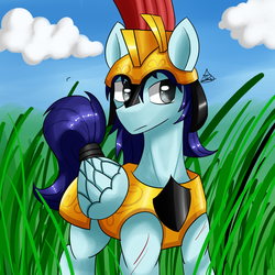 Size: 1400x1400 | Tagged: safe, artist:zachc, oc, oc only, pegasus, pony, armor, blue mane, cloud, folded wings, grass, looking away, male, sky, solo, sternocleidomastoid