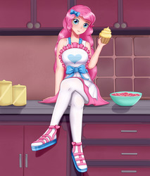 Size: 1700x2000 | Tagged: safe, artist:focusb, pinkie pie, human, equestria girls, g4, my little pony equestria girls: better together, the craft of cookies, apron, clothes, crossed legs, cupcake, cute, diapinkes, female, food, humanized, kitchen, legs, looking at you, pantyhose, sandals, shoes, sitting, skirt, smiling, socks, stockings, thigh highs