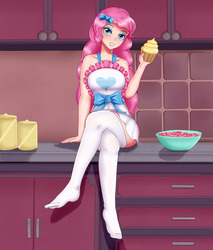 Size: 1700x2000 | Tagged: safe, artist:focusb, pinkie pie, human, equestria girls, g4, my little pony equestria girls: better together, the craft of cookies, apron, clothes, crossed legs, cupcake, cute, diapinkes, female, food, frosting, humanized, legs, looking at you, missing shoes, partially undressed, sitting, skirt, smiling, socks, stocking feet, stockings, thigh highs, zettai ryouiki