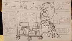 Size: 1008x570 | Tagged: safe, artist:aeropegasus, oc, oc only, oc:aero pegasus, pegasus, pony, bipedal, bored, cap, cart, clothes, female, glasses, groceries, grocery store, hat, job, mare, pushing, solo, store, traditional art, vest, wip, working