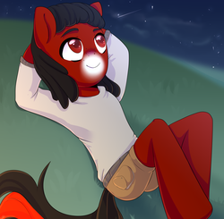 Size: 2549x2500 | Tagged: safe, artist:tigra0118, oc, oc only, oc:florid, pony, semi-anthro, chibi, high res, looking at something, night, red and black oc, solo, stars
