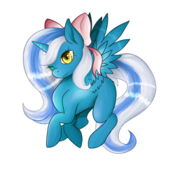 Size: 2240x2200 | Tagged: safe, artist:batreiis, oc, oc only, oc:fleurbelle, alicorn, pony, adorabelle, adorable face, alicorn oc, bow, commission, cute, female, flying, hair bow, high res, mare, one eye closed, ribbon, wink, yellow eyes