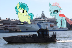 Size: 2700x1800 | Tagged: safe, artist:theotterpony, ocellus, sandbar, pony, g4, boat, female, finland, giant pony, helsinki, highrise ponies, interspecies, irl, macro, male, photo, ponies in real life, ship:ocelbar, shipping, straight