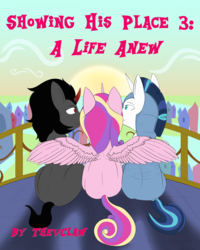 Size: 4000x5000 | Tagged: safe, artist:shadikbitardik, king sombra, princess cadance, shining armor, alicorn, pony, unicorn, fanfic:showing his place 3: a life anew, g4, bisexual, bisexual male, cadance gets all the stallions, cover art, crystal empire, cuckolding, curved horn, fanfic art, female, gay, horn, hug, male, polyamory, shiningsomdance, ship:shiningcadance, ship:shiningsombra, ship:somdance, shipping, spread wings, straight, winghug, wings