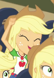 Size: 410x586 | Tagged: safe, screencap, applejack, equestria girls, fluttershy's butterflies, fluttershy's butterflies: applejack, g4, my little pony equestria girls: better together, animated, applejack audience, applejack's hat, belt, cheering, clone, clothes, cowboy hat, cropped, denim skirt, eyes closed, female, fist pump, freckles, geode of super strength, gif, group, hat, imagine spot, jackletree, magical geodes, multeity, skirt, stetson