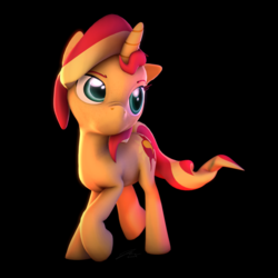 Size: 2160x2160 | Tagged: safe, artist:imafutureguitarhero, sunset shimmer, pony, unicorn, g4, 3d, black background, colored eyebrows, colored eyelashes, female, freckles, high res, hooves, horn, i have no mouth and i must scream, mare, no mouth, peppered bacon, raised eyebrow, raised hoof, signature, simple background, solo, source filmmaker, square