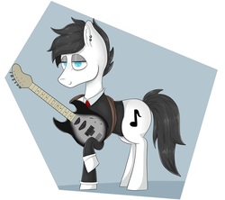 Size: 4978x4425 | Tagged: safe, artist:waffletheheadmare, oc, oc only, oc:joe, absurd resolution, black mane, blue eyes, clothes, cutie mark, ear piercing, earring, electric guitar, guitar, half-closed eyes, jewelry, male, musical instrument, necktie, piercing, short mane, simple background, smiling, stallion, strings, suit, white coat