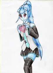 Size: 2508x3461 | Tagged: safe, artist:40kponyguy, derpibooru exclusive, sonata dusk, equestria girls, g4, boots, clothes, cosplay, costume, crossover, cute, female, hatsune miku, heart, high res, looking at you, miniskirt, necktie, pleated skirt, ponytail, shoes, simple background, skirt, socks, solo, thigh boots, thigh highs, traditional art, vocaloid, white background, zettai ryouiki