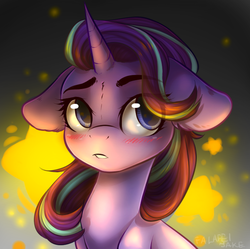 Size: 729x727 | Tagged: safe, artist:falafeljake, starlight glimmer, pony, unicorn, g4, abstract background, blushing, bust, cute, ear fluff, eye clipping through hair, eyebrows, eyebrows visible through hair, female, floppy ears, fluffy, glimmerbetes, glowing, horn, lip bite, looking at you, mare, portrait, sitting, solo, stars