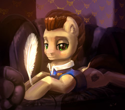 Size: 2323x2036 | Tagged: safe, artist:xbi, davenport, earth pony, pony, g4, 30 minute art challenge finished after, clothes, couch, feather, high res, looking at you, male, quill, solo, stallion