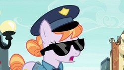 Size: 1280x720 | Tagged: safe, screencap, copper top, pony, g4, the gift of the maud pie, clothes, female, lantern, manehattan, police officer, solo, sunglasses, uniform