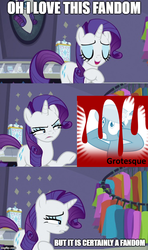 Size: 500x843 | Tagged: safe, edit, edited screencap, screencap, lily, lily valley, rarity, pony, derpibooru, fake it 'til you make it, g4, alternate hairstyle, blood, fandom, it is definitely a fandom meme, meme, meta, meta:grotesque, text