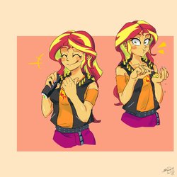Size: 1000x1000 | Tagged: safe, artist:sozglitch, sunset shimmer, equestria girls, equestria girls series, g4, blushing, clothes, cute, eating, eyes closed, food, licking, licking lips, looking at you, shimmerbetes, signature, smiling, tongue out