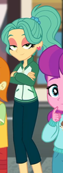 Size: 328x894 | Tagged: safe, screencap, gallop j. fry, garden grove, lily longsocks, equestria girls, g4, my little pony equestria girls: better together, street magic with trixie, background human, clothes, cropped, crossed arms, female, pants, smiling