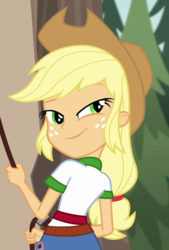 Size: 715x1056 | Tagged: safe, screencap, applejack, equestria girls, g4, my little pony equestria girls: legend of everfree, applejack is best facemaker, cropped, female, smiling, smirk, smug, smugjack, solo