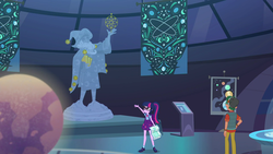 Size: 1920x1080 | Tagged: safe, screencap, sci-twi, star swirl the bearded, timber spruce, twilight sparkle, equestria girls, equestria girls series, g4, star crossed, canterlot observatory, geode of telekinesis, magical geodes, planet, ponytail, statue, statue of star swirl