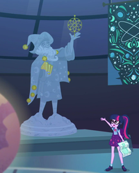 Size: 864x1079 | Tagged: safe, screencap, sci-twi, star swirl the bearded, twilight sparkle, equestria girls, equestria girls series, g4, star crossed, astronomer, canterlot observatory, cropped, geode of telekinesis, magical geodes, statue