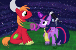 Size: 4500x3000 | Tagged: safe, artist:sixes&sevens, derpibooru exclusive, big macintosh, twilight sparkle, alicorn, earth pony, pony, g4, clothes, duo, female, freckles, grass, magic, male, moon, outdoors, scarf, ship:twimac, shipping, sitting, stars, straight, telescope, twilight sparkle (alicorn)