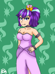 Size: 1500x2000 | Tagged: safe, artist:spokenmind93, starlight glimmer, human, g4, arm band, bowsette, bracelet, choker, clothes, crossover, crown, cutie mark, dress, fangs, humanized, jewelry, makeup, new super mario bros., new super mario bros. u deluxe, nintendo, ponytail, princess starlight glimmer, regalia, simple background, super crown, super mario bros., toadette