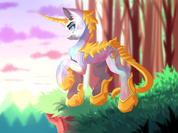 Size: 4444x3333 | Tagged: safe, artist:airiniblock, oc, oc only, ambiguous species, pony, rcf community, armor, commission, curved horn, grass, high res, horn, raised hoof, scenery, smiling, solo, tree