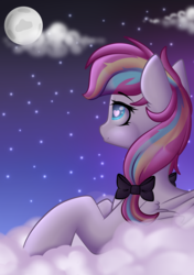 Size: 1511x2149 | Tagged: safe, artist:xcinnamon-twistx, oc, oc only, pegasus, pony, cloud, commission, female, looking up, mare, moon, night, solo, ych result