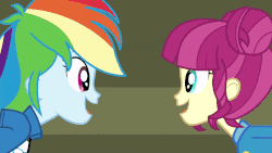 Size: 800x450 | Tagged: safe, screencap, majorette, rainbow dash, sweeten sour, equestria girls, g4, my little pony equestria girls: friendship games, animated, background human, baton, chs rally song, clothes, female, gif, singing
