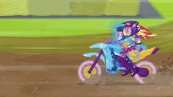 Size: 800x450 | Tagged: safe, screencap, rainbow dash, sunset shimmer, equestria girls, g4, my little pony equestria girls: friendship games, animated, aura, gif, motorcross, motorcycle, ponied up, riding in tandem, transformation