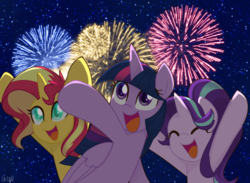 Size: 1024x751 | Tagged: safe, artist:ch-chau, starlight glimmer, sunset shimmer, twilight sparkle, alicorn, pony, unicorn, g4, cheering, eyes closed, female, fireworks, happy, hooves in air, lunar new year, magical trio, mare, night, night sky, open mouth, raised hoof, signature, sky, smiling, stars, twilight sparkle (alicorn)