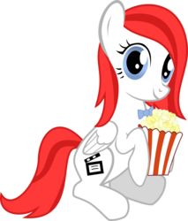 Size: 1000x1171 | Tagged: safe, artist:chipmagnum, oc, oc only, pegasus, pony, g4, bowtie, female, food, hoof hold, looking at you, mare, popcorn, simple background, solo, transparent background
