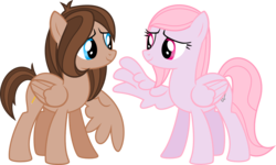 Size: 1317x790 | Tagged: safe, artist:chipmagnum, oc, oc only, pegasus, pony, g4, duo, duo female, female, looking at each other, looking at someone, mare, simple background, transparent background, wing hands