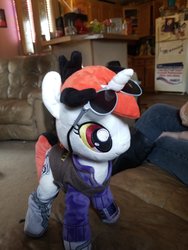 Size: 4032x3024 | Tagged: safe, oc, oc only, oc:blackjack, pony, unicorn, fallout equestria, fallout equestria: project horizons, armor, aviator sunglasses, clothes, fanfic, fanfic art, female, hooves, horn, irl, jumpsuit, mare, photo, pipbuck, plushie, security armor, socks, solo, sunglasses, vault security armor, vault suit